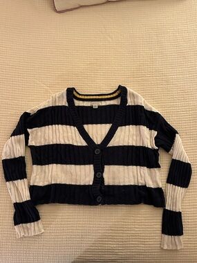 Striped Navy and White V-Neck Button-Front Cropped Cardigan